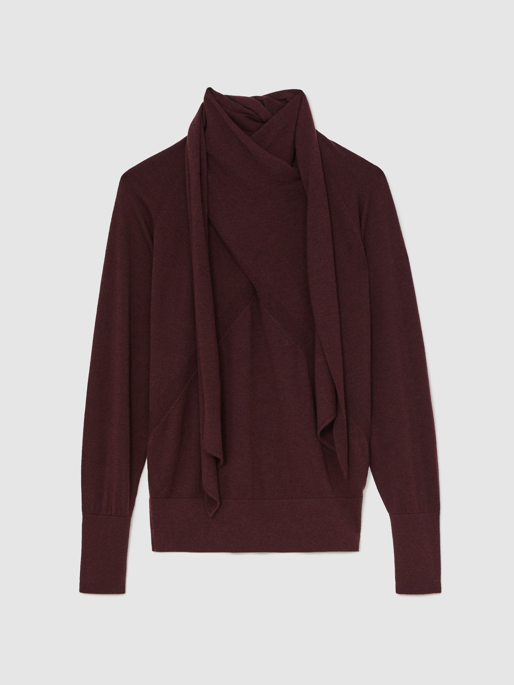 Wool Scarf-Tie Draped Jumper in Burgundy | Reiss DE
