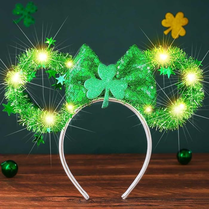 CASDRE Light up St. Patrick's Day Headband Green Mouse Ear Headbands Shamrock Bow Headwear Sparkl... | Amazon (US)