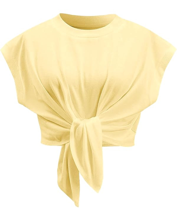 Tank Top for Women Crew Neck Cap Sleeve Tie Front Pullover Ruched T-Shirt Tops Summer Beach Crop ... | Amazon (US)
