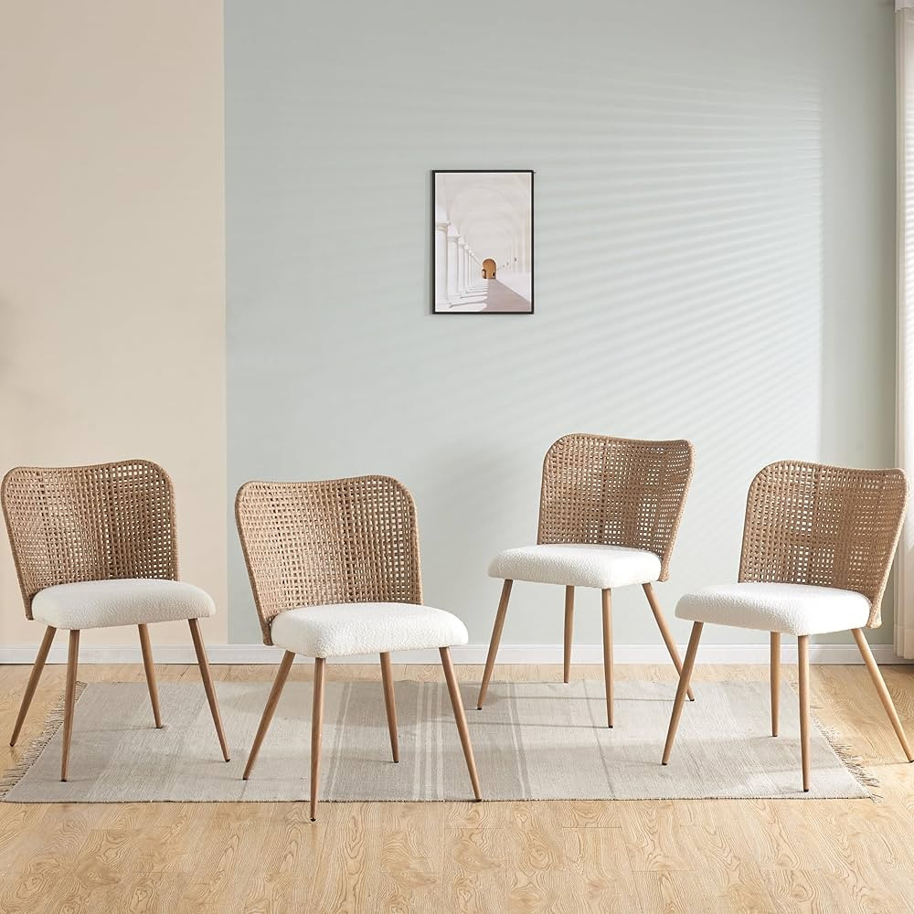 Rattan Dining Chairs Set of 4, Wicker Dining Chairs Set of 4 with Cane PE Rattan Backrest,Upholstered Boucle Fabric Dining Chairs Set of 4, Cesca Cane Dining Chairs for Bedroom, Kitchen | Amazon (US)