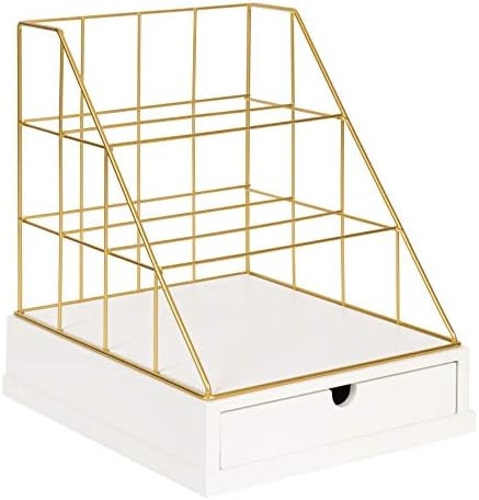 Kate and Laurel Benbrook Metal and Wood Letter Tray Desk Organizer, White and Gold | Amazon (US)