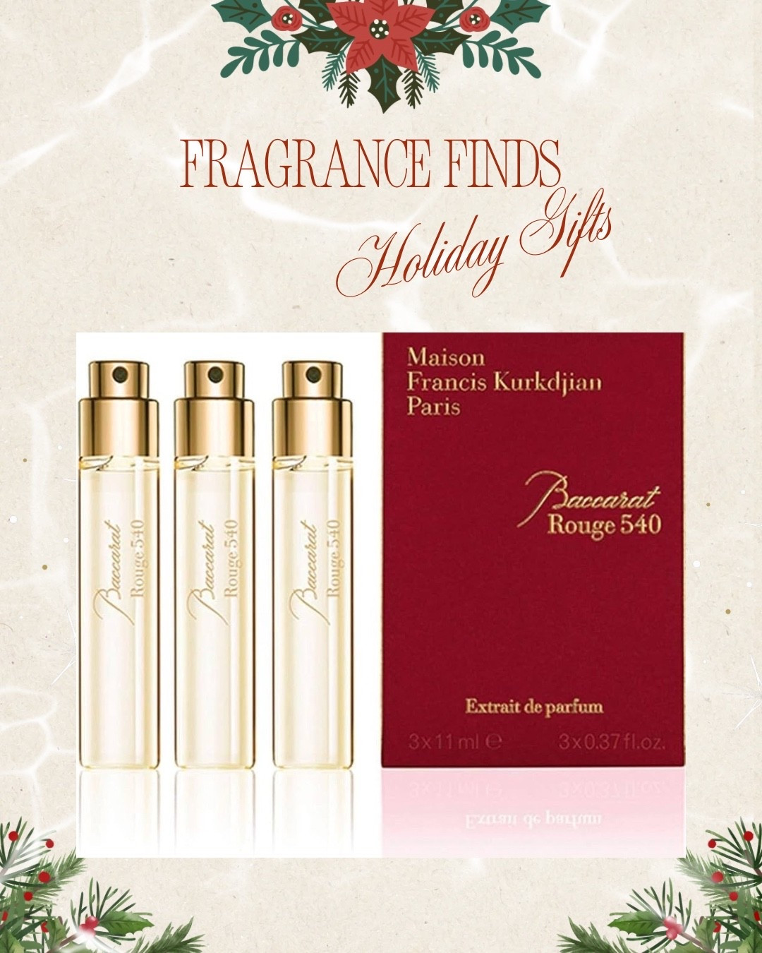 Baccarat Rouge 540

For the girlies who believe scent is a signature, not an accessory 
Baccarat Rouge 540 – Pure Perfume (Refill Set) is that fragrance. Warm, airy, and addictive in the most luxurious way. One spray and it lingers… on your skin, in the room, in people’s memories.
Why we love the 3 x 11ml refills 💫
• Perfect for travel, touch-ups, and your bag
• Same iconic scent, ultra-concentrated
• Long-lasting, rich, and unmistakably her
This is for the girls who move quietly but leave an impression.
Soft luxury. Rich energy. Main-character aura.
If you know, you know❤️

#LTKBeauty #LTKGiftGuide #LTKHoliday