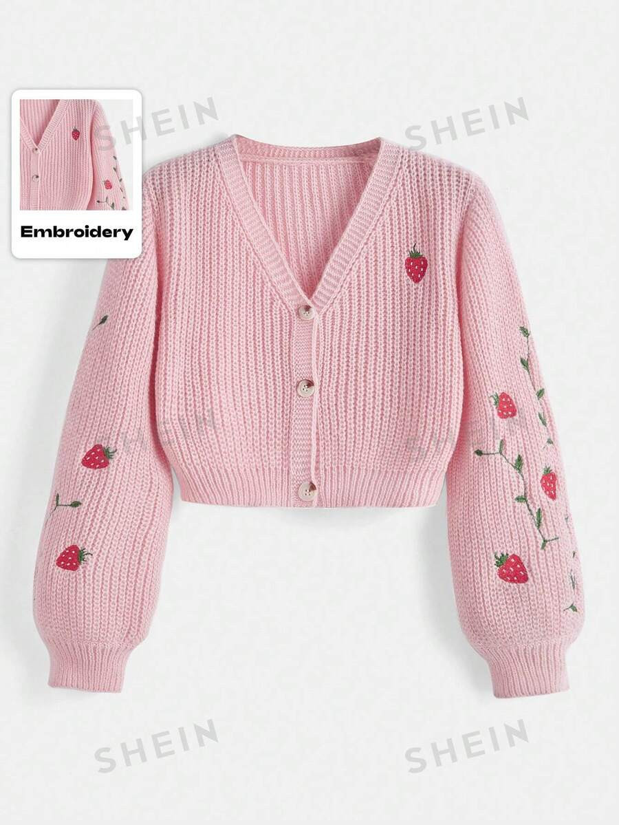 ROMWE Kawaii Strawberry Embroidery Lantern Sleeve Cardigan, School | SHEIN