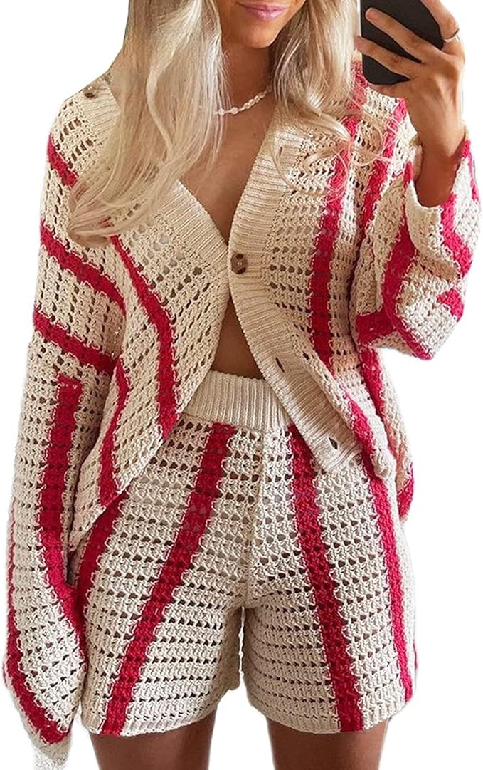 Women's Color Block Y2K Knit 2 Piece Outfits Crochet Knitted Hollow Out Long Sleeve Button Up Shirts | Amazon (US)