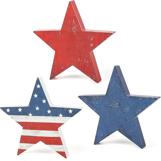 3 Pcs 4th of July Wooden Star Signs,Rustic Memorial Day Tiered Tray Decor, American Patriotic Tab... | Amazon (US)