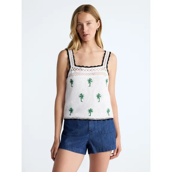 Free Assembly Women's Embroidered Square Neck Cotton Tank Top, Sizes XS-XXL | Walmart (US)