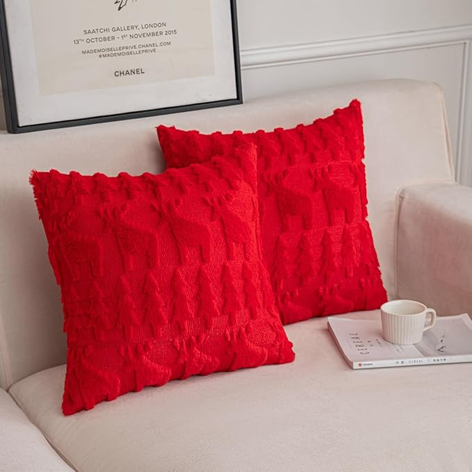 Red Christmas Tree and Reindeer Decorative Throw Pillow Covers 18"x18", 2 Packs Soft Plush Square... | Amazon (US)