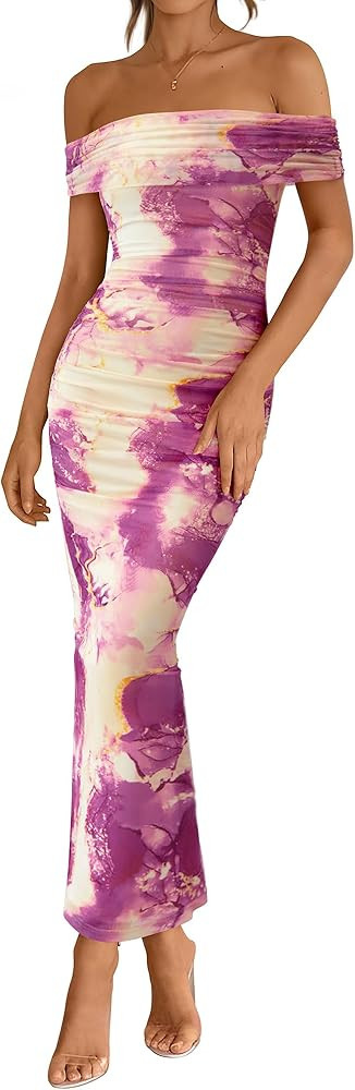 BTFBM Cocktail Dresses for Women 2025 Summer Off Shoulder Bodycon Ruched Mesh Back Slit Elegant F... | Amazon (US)