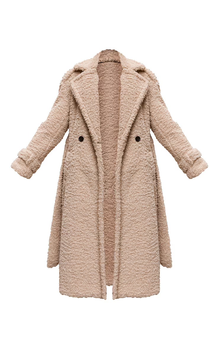 Beige Borg Belted Trench Coat | PrettyLittleThing US