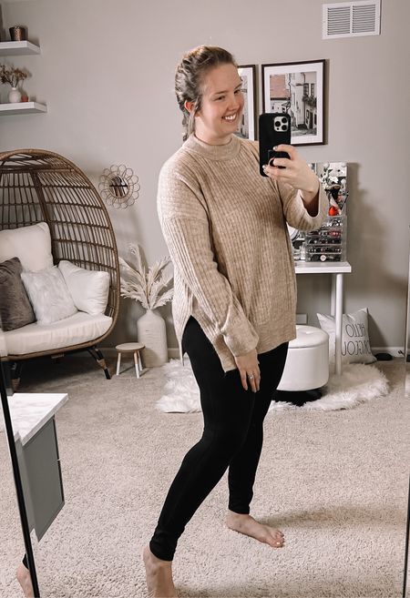Lightweight ribbed sweater. Size down (normally L/XL, wearing M). Cute side slit detail, great quality! I own it on two colors. Great dresses up or especially dressed down with some white sneakers and ankle socks! Wearing excellent designer-esque leggings via Amazon fashion.

#LTKcurves #LTKunder50 #LTKSeasonal