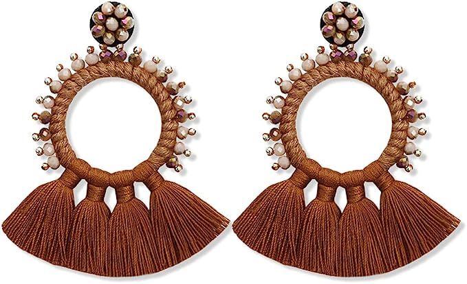 Large Beaded Hoop Tassel Earrings - Big Boho Statement Fringe Dangle Earrings for Women, Bohemian... | Amazon (US)