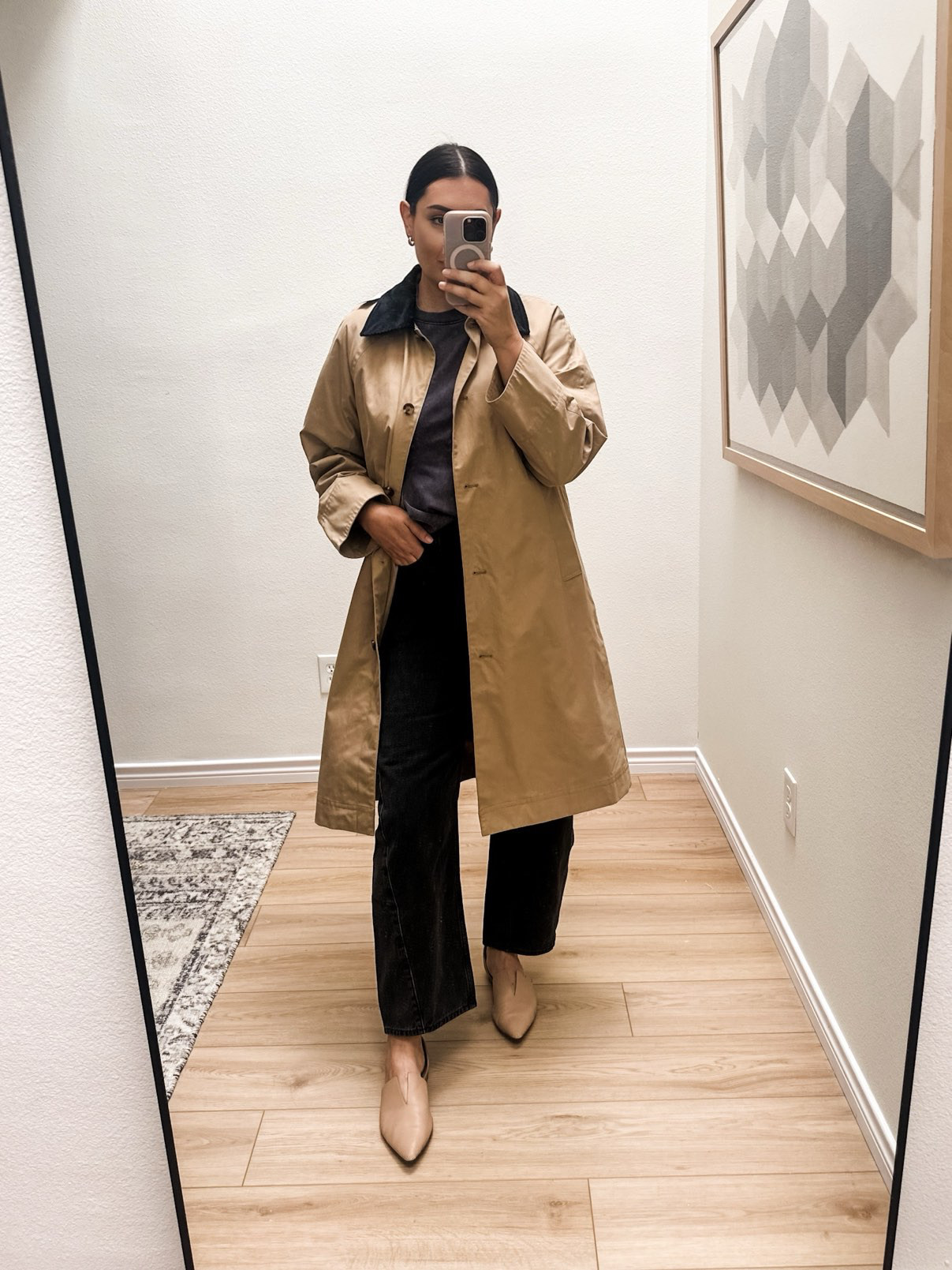 This trench is Old Navy?! Can you believe that?! I beelined for it at the store. It is an oversized fit, like I thought this was a large after trying it on but it’s the medium. So plenty of room – size down if you like a smaller fit. 

The lapels are a navy corduory and there is no tie, which I actually prefer. It’s a mid-weight and could work great for fall. 

If you have a gap / ON card it’s 50% off, too!  

I'm in the 30 of the jeans, I sized up for the non stretch. Fitted, tailored look! I'm in the medium of the tee, I've linked the brown version here.  

 #LTKMidsize #LTKFindsUnder50 #LTKFindsUnder100