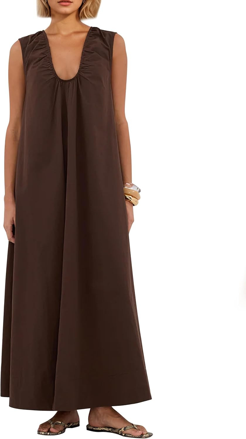 Women Sleeveless Ruched Maxi Dress Scoop Neck Long Elegant Dresses Wide Shoulder Strap Blouse Dress with Side Pockets | Amazon (US)