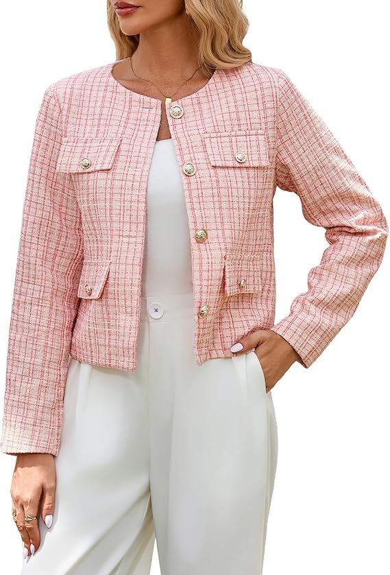 Cropped Tweed Blazer Jackets for Women Elegant Slim Collarless Business Casual Outfits | Amazon (US)