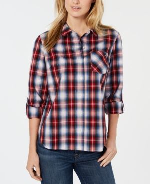 Tommy Hilfiger Plaid Roll-Tab Lurex Shirt, Created for Macy's | Macys (US)