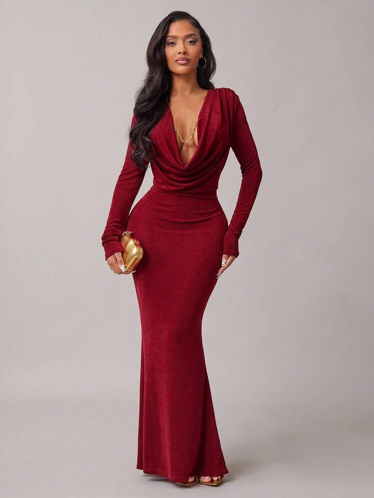 Radiana Vestido largo de manga larga con cuello drapeado y cola de pez elegante color borgoña pa... | SHEIN