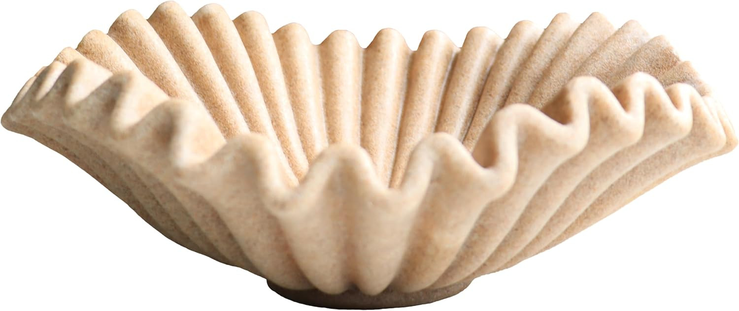 Large Decorative Handmade Bowl Decor , Modern Home Decoration, Fan Shaped Bowl, Ruffle Decor, Stylish Key Bowl for Entry Table, Decorative Fruit Bowl for Kitchen Counter, Artificial Stone Beige | Amazon (US)