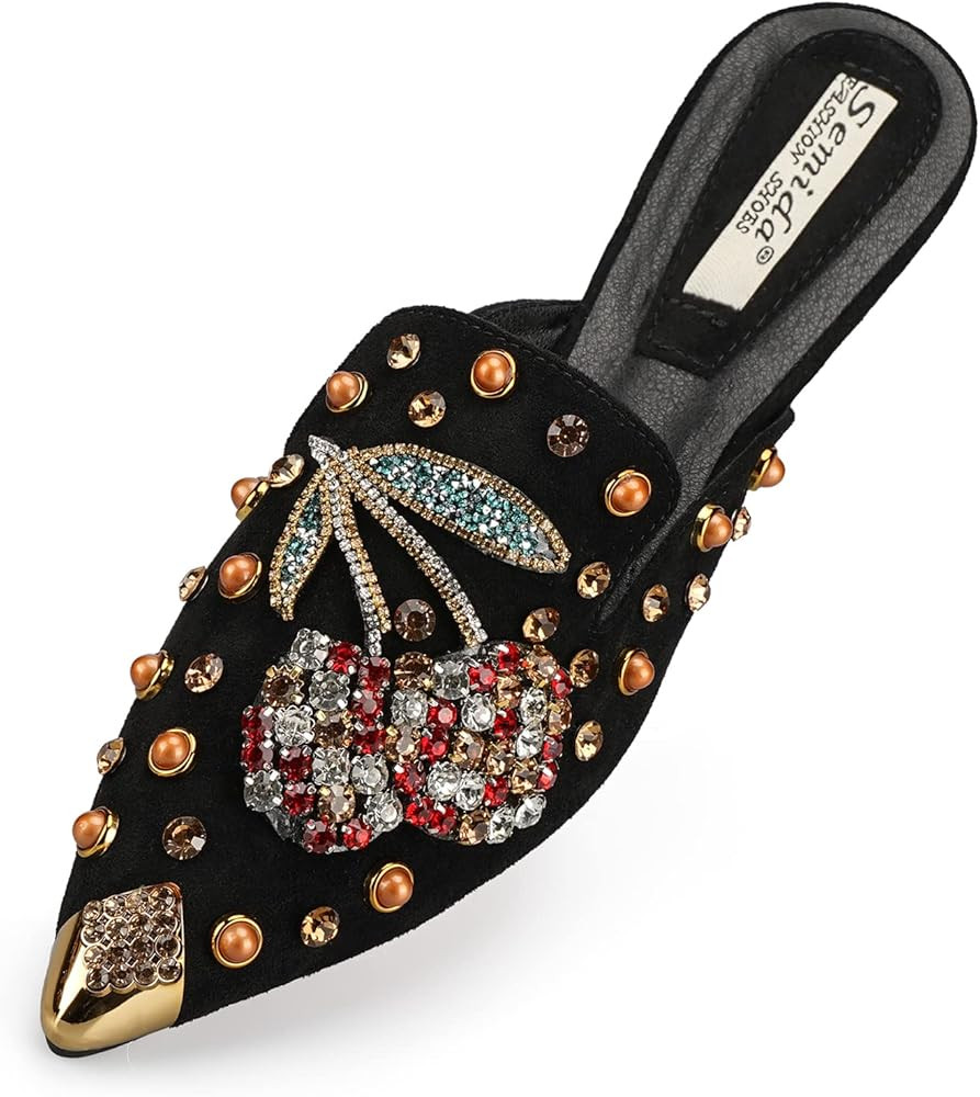 Mules for Women Flats Comfortable Soft Memory Foam Insole Cherry Pointed Rivet Mule Shoes | Amazon (US)