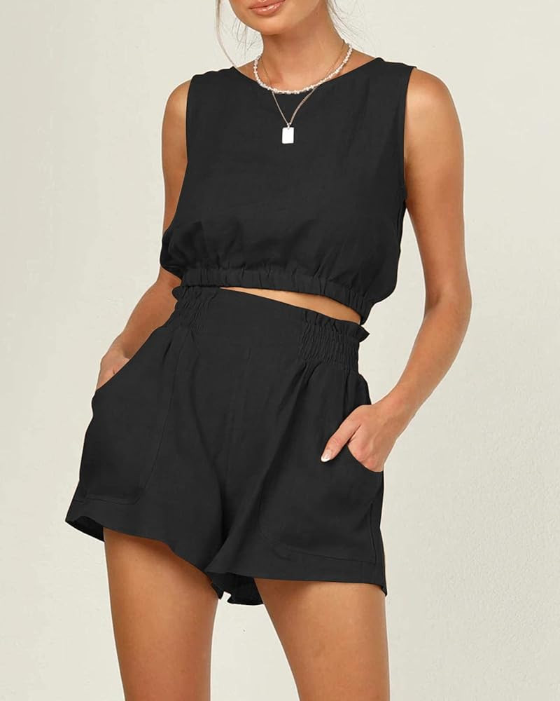 Automet Women’s Summer 2 Piece Outfits Shorts Sets Sleeveless Round Neck Crop Top Tank and High Wais | Amazon (US)