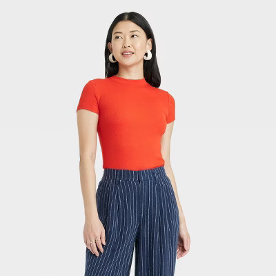 Women's Slim Fit Short Sleeve Ribbed T-Shirt - A New Day™ Red M: Cotton Modal Blend, Crew Neck,... | Target