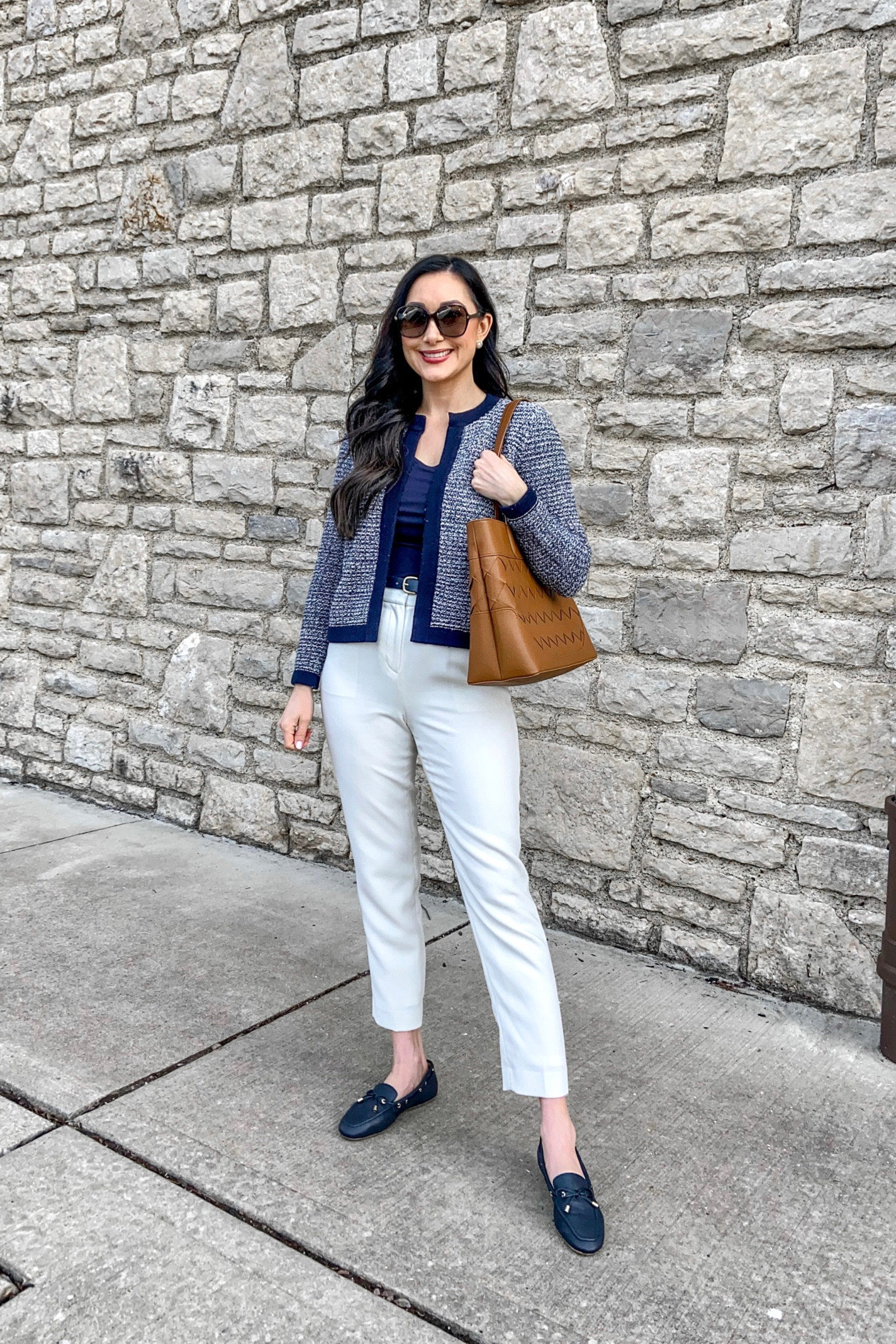 Spring business casual work wear 💙🤍

Navy and white tweed cardigan additional 30% off size small TTS
Navy top & white pants (linked similar)
Navy loafers size 7 (size down .5 if between sizes)
Tan tote bag 

#LTKworkwear #LTKSeasonal #LTKsalealert