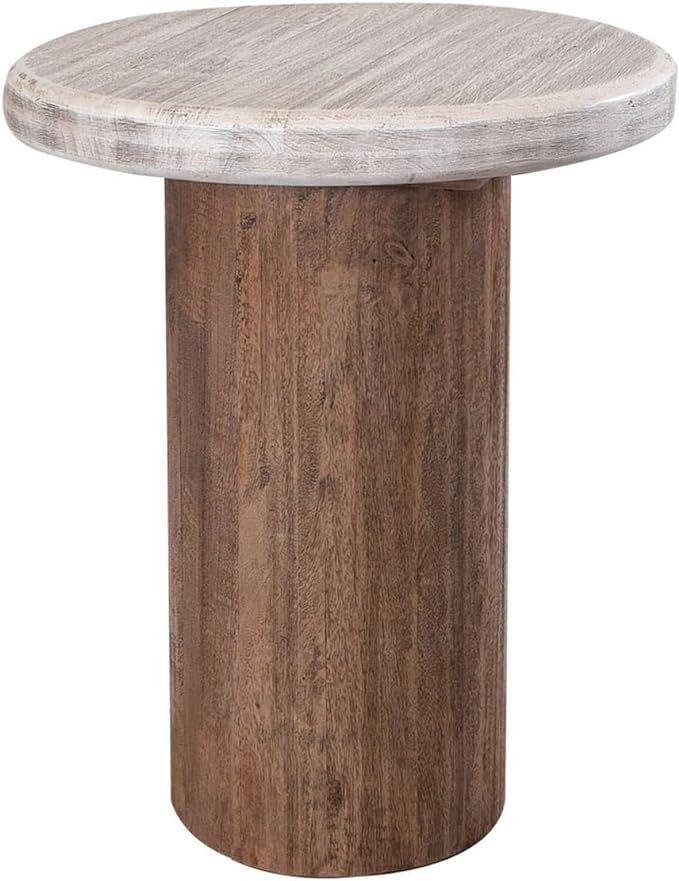 Benjara Kohl 26 Inch Side End Table, Mango Wood, Drum Base, Floated Top, Cream and Brown | Amazon (US)