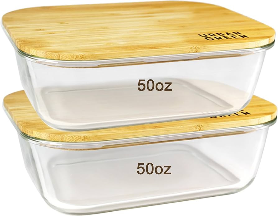 Urban Green Glass Container with Bamboo Lid, 2 Pack of 50oz, Large Glass food storage Container w... | Amazon (US)