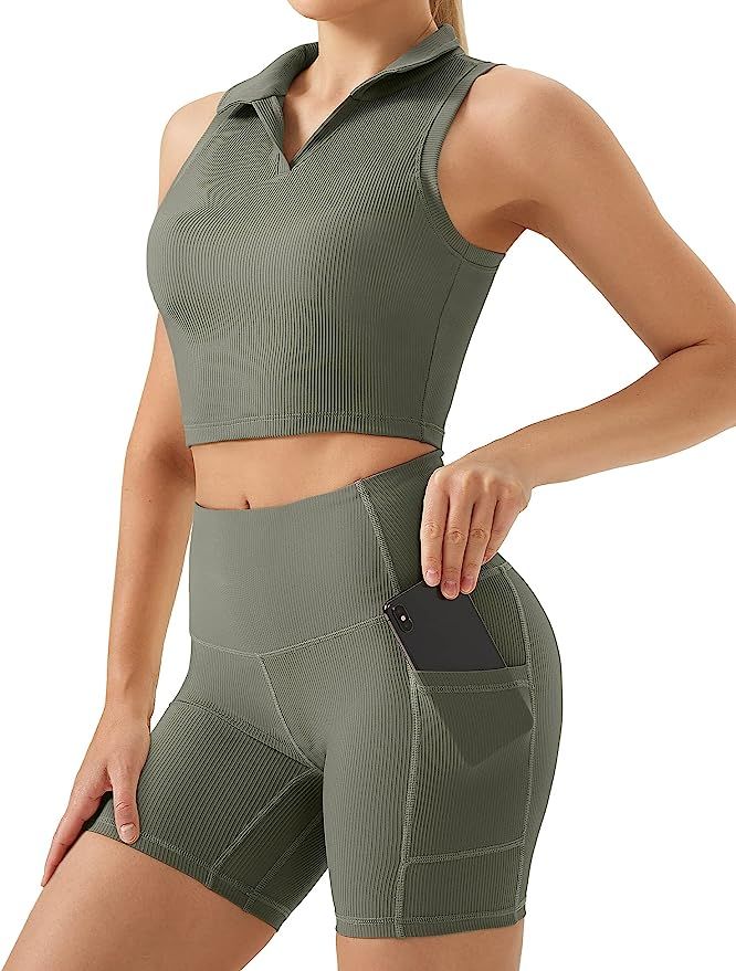 2 Piece Workout Sets for Women with Pocket Sleeveless Crop Tank Tops + Running Shorts Ribbed Tenn... | Amazon (US)