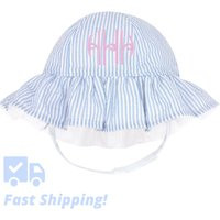 Melondipity Monogrammed Classic Pink Or Blue & White Seersucker Ruffle Brim Baby Sun Hat - Double Pr | Etsy (US)