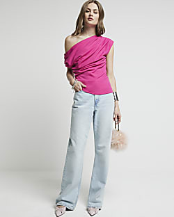 Bright Pink off shoulder drape top | River Island (UK & IE)