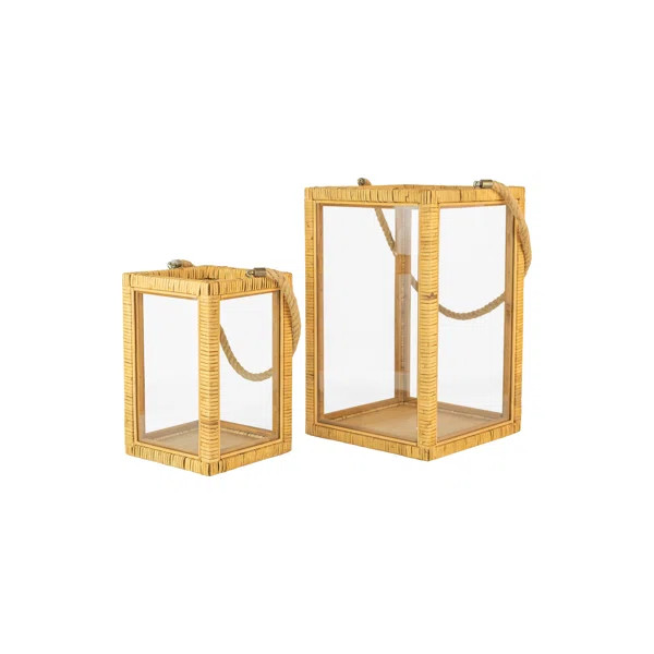 SET OF TWO RECTANGLE RATTAN AND GLASS LANTERNS (Set of 2) | Wayfair Professional