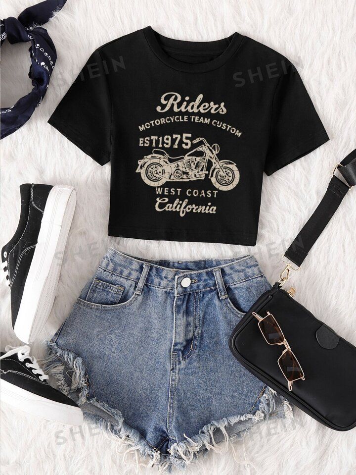 SHEIN EZwear Motorcycle & Letter Graphic Tee | SHEIN