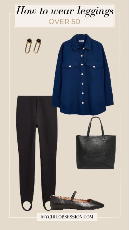 Shirt jackets are another great style to search for if you are planning some outfits for the near future around stirrup leggings. Mary Jane flats show off the detail in the bottom of the pants, and a tote and paperclip earrings elevate the casual style.

#LTKover40 #LTKstyletip