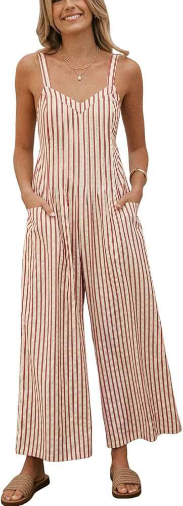 CUPSHE Maxi Jumpsuit for Women Striped Sleeveless Smocked Cutout Back Wide Leg Summer Casual Over... | Amazon (CA)