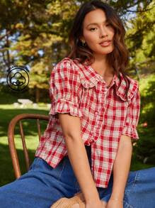 WESTFADE Floral Embroidered Gingham Ruffle Collar Short Puff Sleeve Button Up Shirt Cute Boho Top... | SHEIN