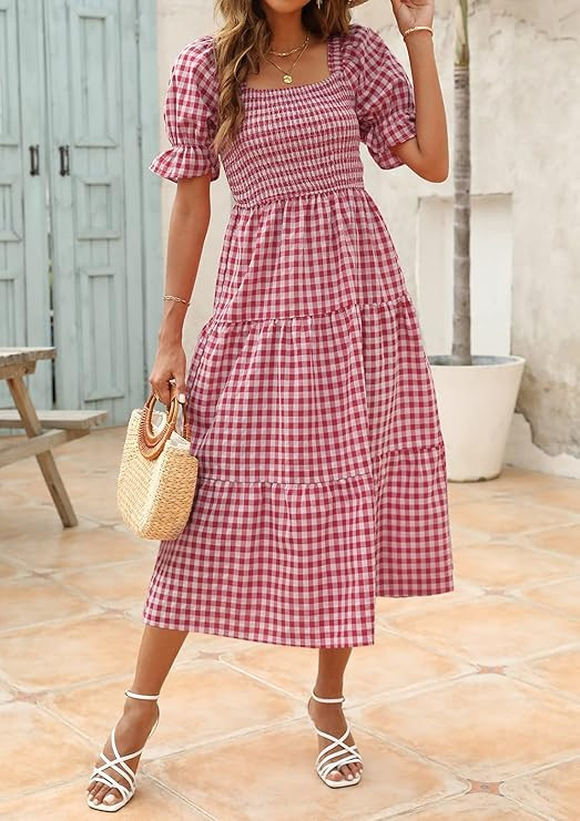 ZESICA Women's 2024 Bohemian Summer Plaid Square Neck Puff Sleeve Ruffle Flowy Beach Midi Dress | Amazon (US)