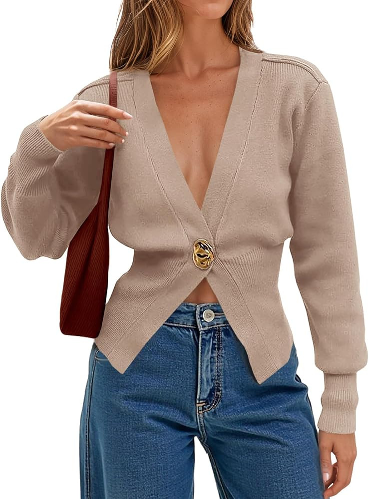LCXWFE C\u00e1rdigan de manga larga para mujer, cuello en V profundo, su\u00e9teres ajustados de ... | Amazon (US)