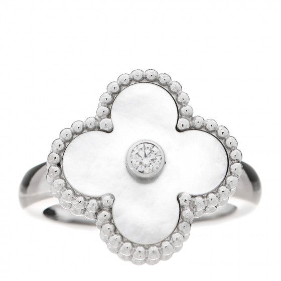 VAN CLEEF & ARPELS 18K White Gold Diamond Mother of Pearl Vintage Alhambra Ring 48 4.5 | FASHIONP... | Fashionphile