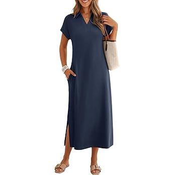 MEROKEETY Women's Summer Casual Maxi Dress 2026 Cap Sleeve V Neck Collared Beach Vacation T Shirt... | Amazon (US)