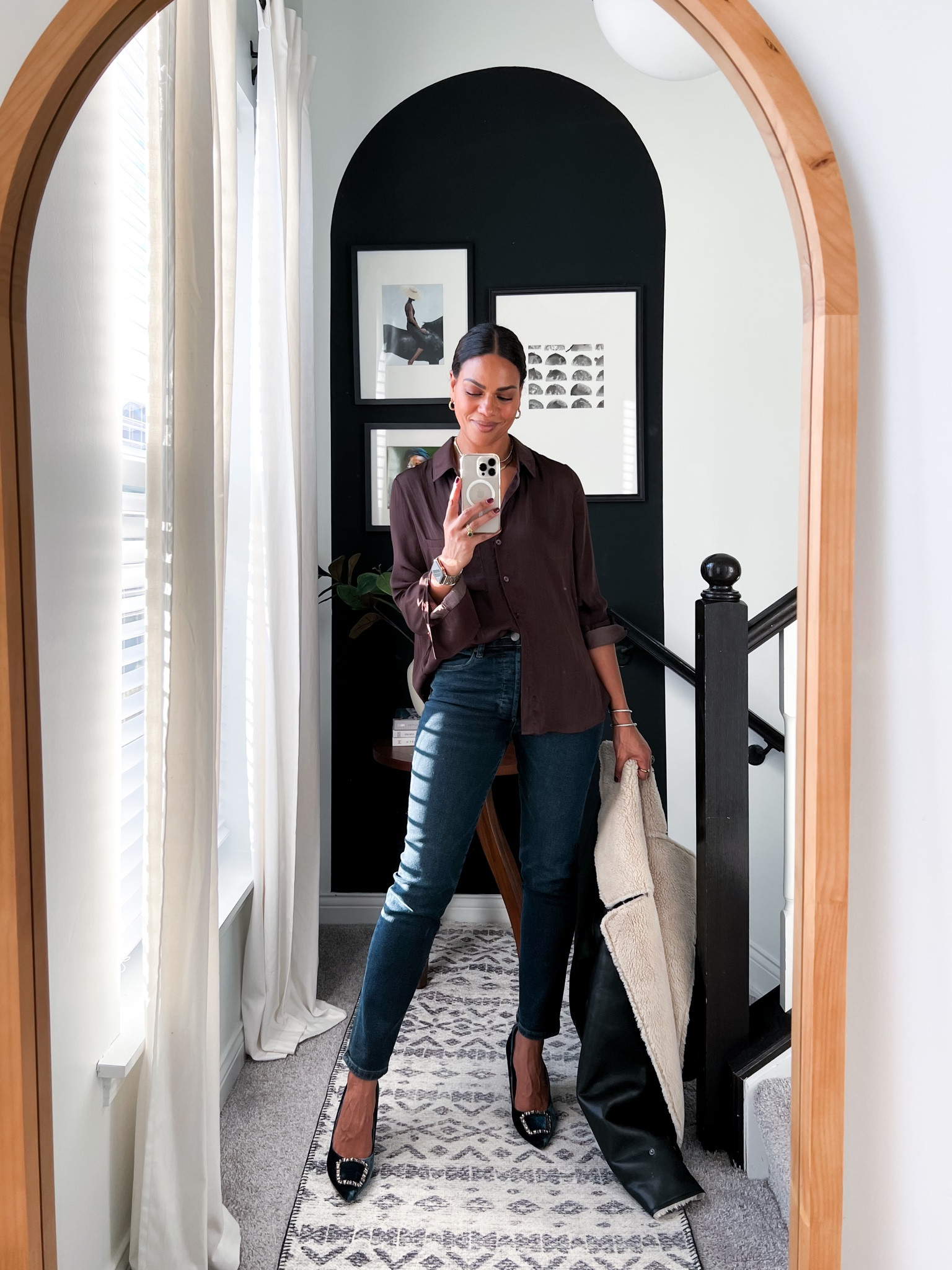 Satin top (TTS) with straight denim and blue velvet shoes with rhinestone buckle. Paired with fleece lined faux leather bomber Air Force jacket. Size up for extra boxy fit  

#LTKCyberweek #LTKHoliday #LTKSeasonal