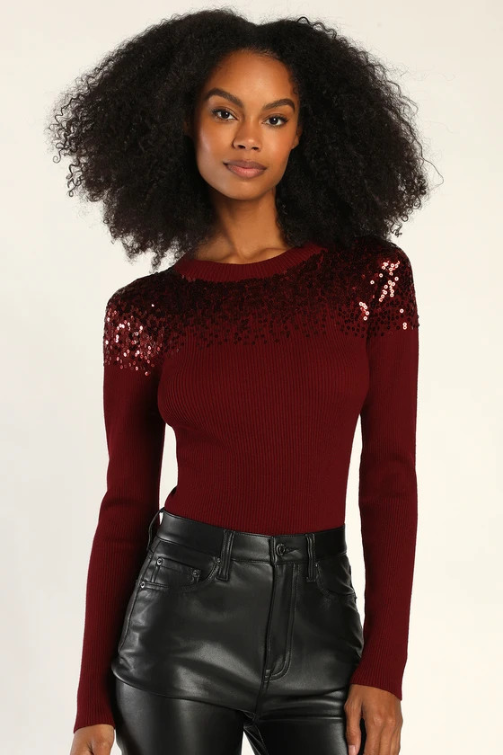 Seasonal Shine Burgundy Ribbed Knit Sequin Long Sleeve Top | Lulus (US)