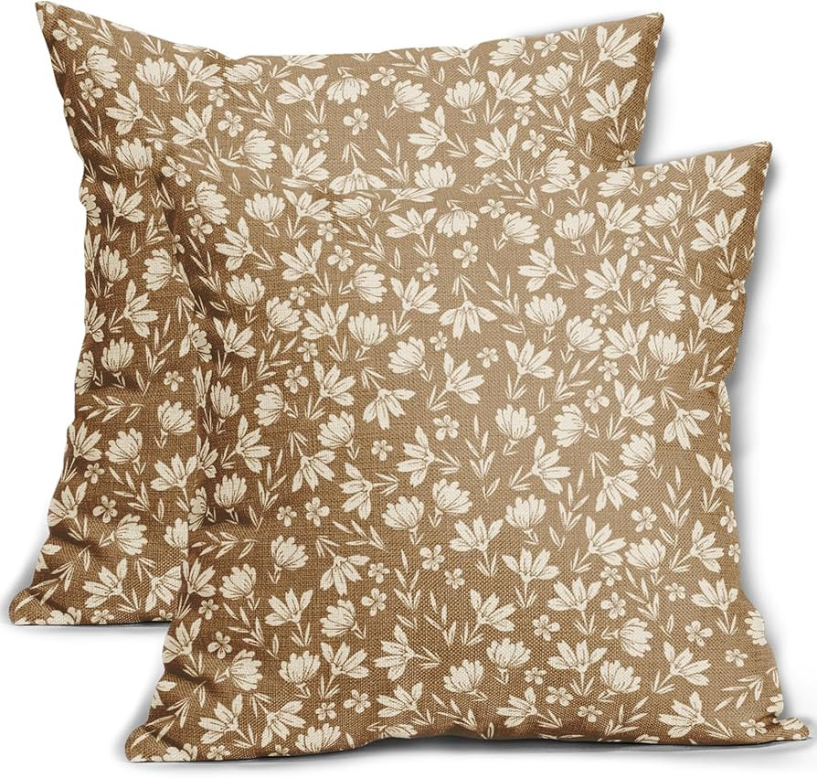 Brown Pillow Covers 18x18 Set of 2 Vintage Floral Rustic Old Style Cute Flower Print Decorative O... | Amazon (US)