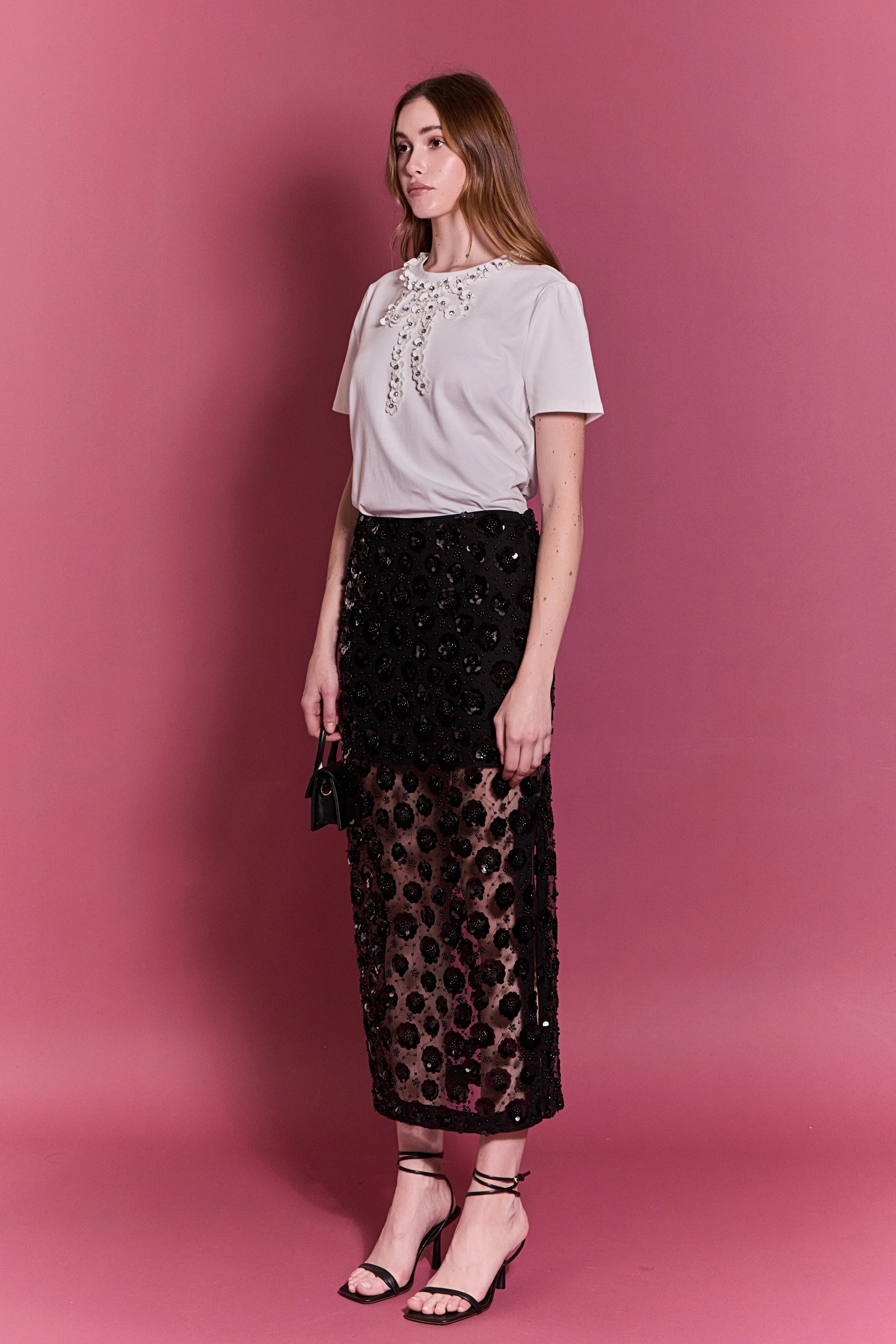 Flower Sequin Sheer Midi Skirt | English Factory