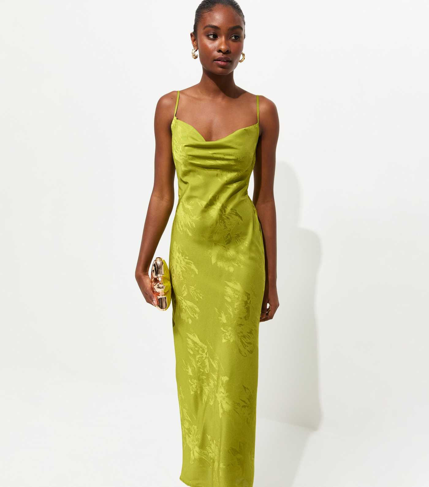 Bright Green Floral Jacquard Cowl Neck Strappy Midi Dress | New Look | New Look (UK)