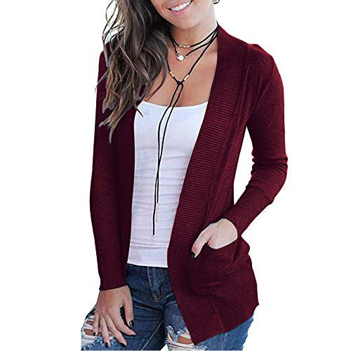 VOIANLIMO Women's Open Front Long Sleeve Knit Lightweight Soft Classic Burgundy Cardigans Sweaters with Pockets L Size | Amazon (US)