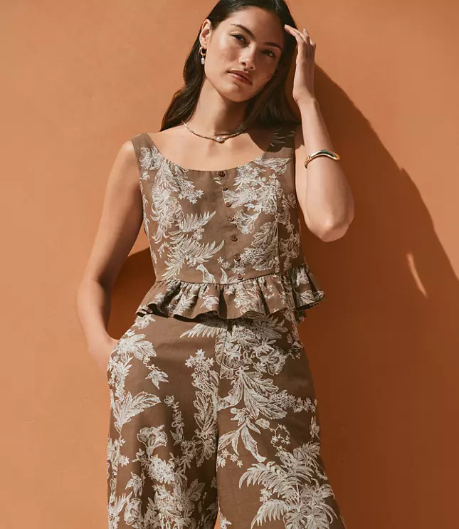 Floral Toile Linen Cotton Peplum Top | LOFT