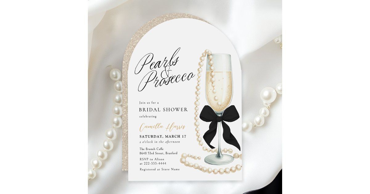 Pearls & Prosecco Black Bow Bridal Shower Invitation | Zazzle | Zazzle