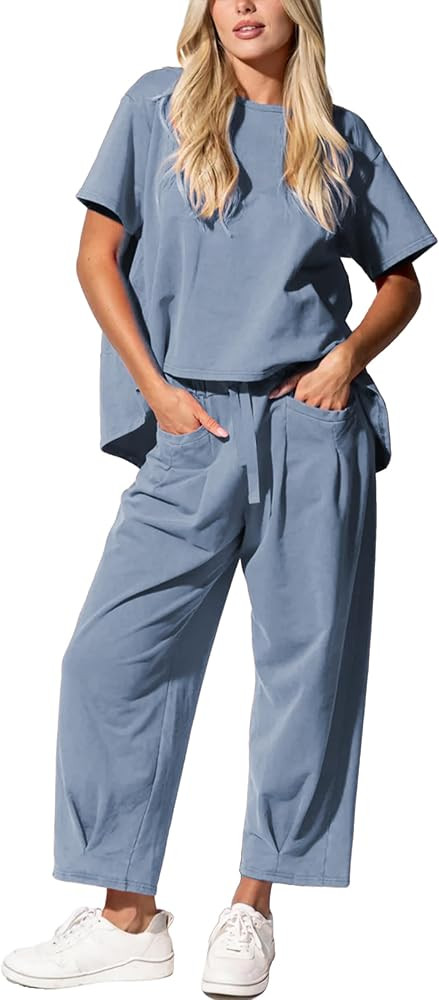 Women’s Lounge Set 2 Piece Short Sleeve Top Barrel Wide Leg Pants Comfy Matching Travel Outfit | Amazon (US)