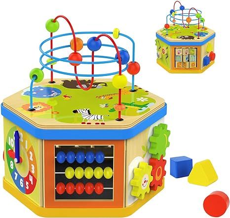 TOP BRIGHT Activity Cube Toys Baby Wooden Bead Maze Shape Sorter 7-in-1 Toys for 1 Year Old Boy a... | Amazon (US)