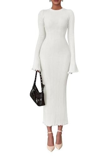 PRETTYGARDEN Sweater Dresses for Women 2025 Fall Bell Long Sleeve Crew Neck Bodycon Maxi Dress Winter Ribbed Knit Outfits (White,Medium) | Amazon (US)